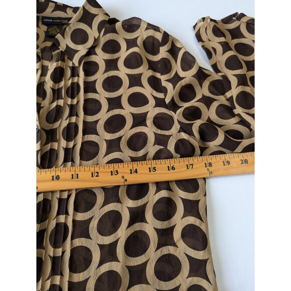 Grace Dane Lewis Womens Silk Brown Circle Link Button Up Sheer Blouse Size 12P - Picture 7 of 8